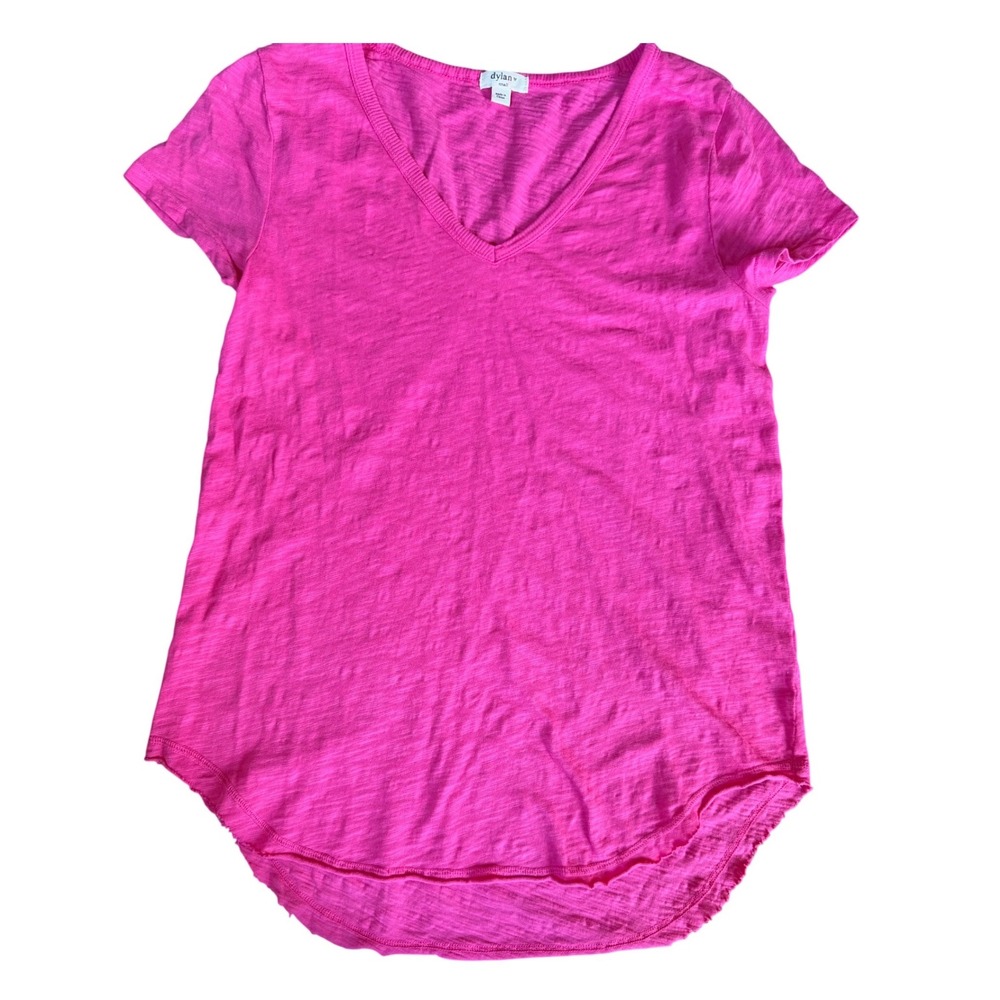 Dylan by True Grit Womens Hot Pink Slub Knit V-Neck Curved Hem T-Shirt Small